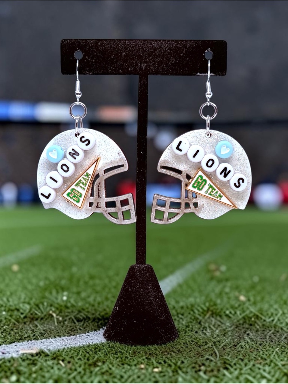 Lion Football Helmet Dangle Earrings - Silver with Blue heart Accents